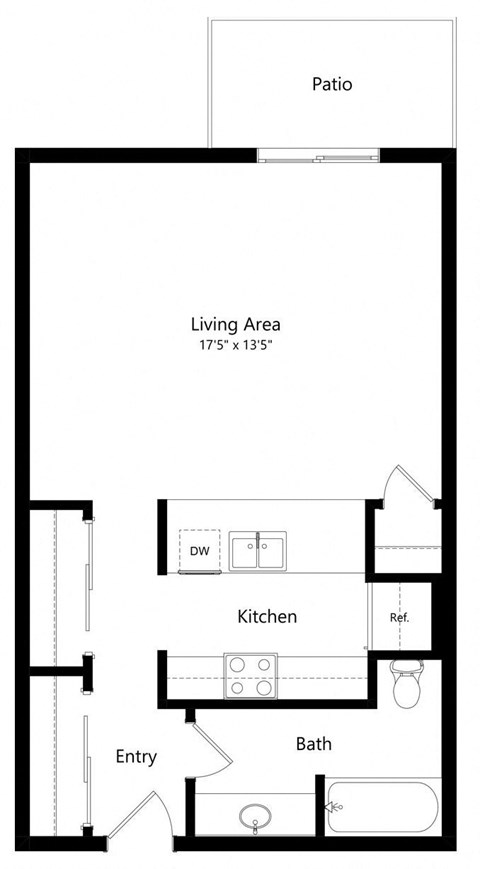 Floor plan for studio, 1 bath, 496 sqft